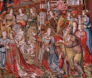佛兰德挂毯荣誉系列。正义》（La Justicia, Los Honores）。系列挂毯的第九幅。Bernard van Orley 和 Jan Gossaert (Mabuse) 圈子里的漫画家模特。布鲁塞尔 Pieter van Aelst 制造。约 1550 年。织物 金、银、