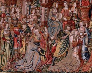 佛兰德挂毯荣誉系列。正义》（La Justicia, Los Honores）。系列挂毯的第九幅。Bernard van Orley 和 Jan Gossaert (Mabuse) 圈子里的漫画家模特。布鲁塞尔 Pieter van Aelst 制造。约 1550 年。织物 金、银、