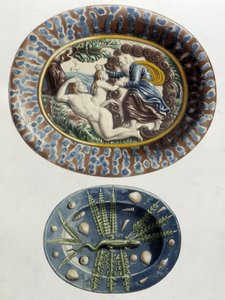 上帝用亚当的大腿创造了夏娃； Lizard - 陶瓷餐具，在 C. Delange 和 C. Borneman 的“Bernard Palissy 的作品”中，巴黎