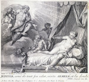 Jupiter (Zeus) burns Semele with his lightning. Engraving of the 18th century after the drawing of B. Picart made in 1708. 作者 伯纳德·毕卡特（Picart）