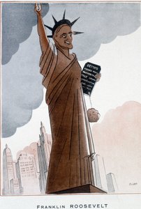 Cartoon by Franklin Roosevelt in Statue of Liberty - Illustration by Bernard Becan (Bernhard Kahn) (1890-1943) In “” Fantasio””” from 01/12/1932 作者 伯纳德·贝坎