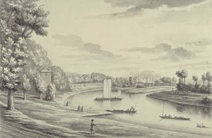 汉普顿法院渡轮和汉普顿教堂的西视图，距离，1731-33（笔和黑色墨水，在纸上洗） 作者 伯纳德三世镜头