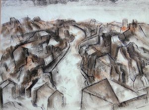 宁静的街道（蓝色墨水彩色粉笔画） 作者 伯纳德·梅宁斯基