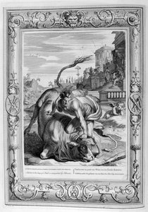 公牛形状的白腹犬被大力神（Hercules）征服，1733年 作者 伯纳德·皮卡特