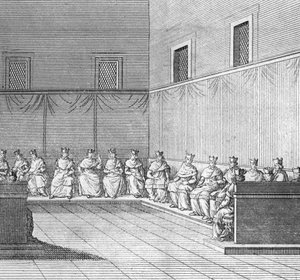 Different stages of the conclave, meeting of cardinals for the election of a new pope: first congregation of the cardinals” (Election of the new pope during the conclave in the Sistine (Sistina) chapel, Vatican: first congregation of the cardinals) Engravi 作者 伯纳德·皮卡特
