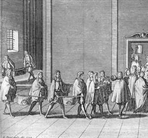 Different stages of the conclave, meeting of the cardinals for the election of a new pope: the rations are made during the conclave (Vatican: arrival of food during the conclave) Engraving from “” Illustration of religious ceremonies and customs of all peo 作者 伯纳德·皮卡特