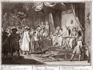 葡萄牙犹太人社区中的犹太婚礼 伯纳德·皮卡特 (Bernard Picart) (1723-1743) 1819 年私人收藏的“世界各国人民的仪式和宗教习俗的插图”版画 作者 伯纳德·皮卡特