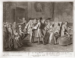 Judaism: the tradition of the redemption of the first-born son, a mitzvah in Judaism whereby a Jewish firstborn son is redeemed by use of silver coins from his birth-state of sanctity) Engraving from “Illustration de ceremonies et customs religieuses de to 作者 伯纳德·皮卡特