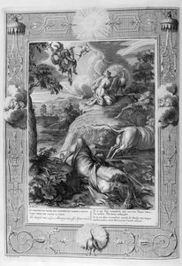 Lo, the daughter of Inachus, and lover of Zeus, was turned into a cow (engraving)