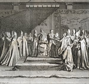 庄严的教皇就职典礼 "Representation du coronation du pope"（教皇就职典礼：教皇的加冕仪式） 雕刻自伯纳德-皮卡特（1723-1743）的《世界各国人民的仪式和宗教习俗图解》。 作者 伯纳德·皮卡特