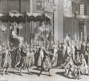 庄严的教皇就职典礼：燃烧一块布）伯纳德·皮卡特（Bernard Picart，1723-1743 年）1819 年私人收藏的“世界各国人民的仪式和宗教习俗图解”版画 作者 伯纳德·皮卡特