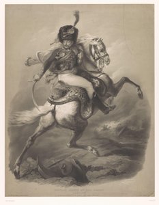 骑马进攻的军官
Le chasseur de la garde（物上标题）
使用两支蜡笔的新石版画（系列名称）
Nouveaux groupes aux deux crayons（作品名称） 作者 弗朗索瓦·德拉鲁