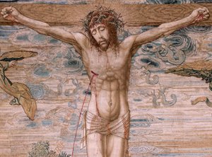 弗拉芒挂毯。查理五世系列 Dais（奥地利玛格丽特的 Baldachin）。仁慈的基督（Cristo de la Misericordia）。台座后的挂毯面板。模型伯纳德-凡-奥利（Bernard van Orley，1491-1542 年）。制作者：彼得-德-潘尼梅克（Pieter de Pannemaker），布鲁塞尔。1518-1524.织物 G 作者 伯纳德·范·奥利