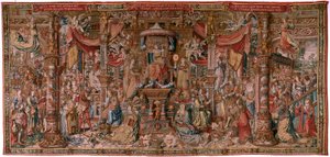 佛兰德挂毯荣誉系列。信仰》（La Fe）。该系列的第一幅挂毯。Bernard van Orley 和 Jan Gossaert (Mabuse) 圈子里的漫画家模特。制作地点：布鲁塞尔，彼得-凡-艾尔斯特（Pieter van Aelst）。约 1550 年。织物 金、银、丝和羊毛。 作者 伯纳德·范·奥利