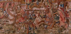 佛兰德挂毯荣誉系列。名声（La Fama）。系列挂毯中的第三幅。Bernard van Orley 和 Jan Gossaert (Mabuse) 圈子里的模范漫画家。制作地点：布鲁塞尔，彼得-凡-艾尔斯特（Pieter van Aelst）。约 1550 年。织物 金、银、丝和羊毛。 作者 伯纳德·范·奥利