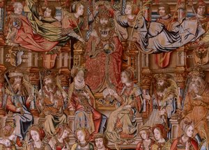 佛兰德挂毯荣誉系列。荣誉（El Honor）。该系列的第二幅挂毯。Bernard van Orley 和 Jan Gossaert (Mabuse) 圈子里的漫画家模特。制作地点：布鲁塞尔，彼得-凡-艾尔斯特（Pieter van Aelst）。约 1550 年。织物 金、银、丝和羊毛。 作者 伯纳德·范·奥利