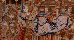 佛兰德挂毯荣誉系列。荣誉（El Honor）。该系列的第二幅挂毯。Bernard van Orley 和 Jan Gossaert (Mabuse) 圈子里的漫画家模特。制作地点：布鲁塞尔，彼得-凡-艾尔斯特（Pieter van Aelst）。约 1550 年。织物 金、银、丝和羊毛。 作者 伯纳德·范·奥利