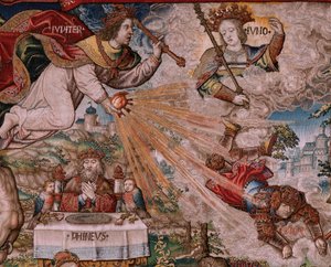 佛兰德挂毯荣誉系列。正义》（La Justicia, Los Honores）。系列挂毯的第九幅。Bernard van Orley 和 Jan Gossaert (Mabuse) 圈子里的漫画家模特。布鲁塞尔 Pieter van Aelst 制造。约 1550 年。织物 金、银、 作者 伯纳德·范·奥利