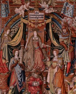 佛兰德挂毯荣誉系列。正义》（La Justicia, Los Honores）。系列挂毯的第九幅。Bernard van Orley 和 Jan Gossaert (Mabuse) 圈子里的漫画家模特。布鲁塞尔 Pieter van Aelst 制造。约 1550 年。织物 金、银、 作者 伯纳德·范·奥利