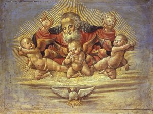 祭坛画的一部分描绘了三位天使的父亲，c.1500（木头上的蛋彩画）