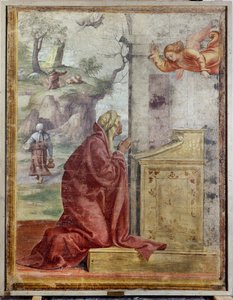 在圣约阿希姆和天使的背景下向圣安妮宣告 作者 Bernardino Luini