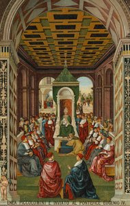 Enea Piccolomini 在教皇尤金四世面前 作者 Bernardino di Betto (after) Pinturicchio