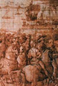 “埃涅阿斯·西尔维乌斯·皮科洛米尼（Aeneas Sylvius Piccolomini，1405-64）巴塞尔议会之旅”的预备漫画（纸上笔墨）（细节） 作者 贝纳迪诺·贝托·平图里基奥