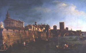 维罗纳与韦基奥城堡和韦基奥桥的景色（布面油画） 作者 贝尔纳多（方式）贝洛托