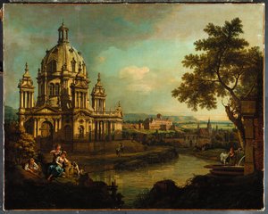 1765年在皮尔纳（Pirna）建有圆顶教堂和建筑物的随想 作者 贝尔纳多·贝洛托（Canaletto）
