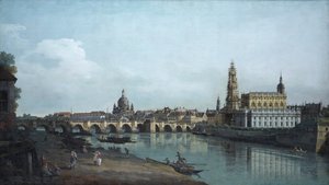 从易北河右岸看到的德累斯顿，1748年，奥古斯都桥 作者 贝尔纳多·贝洛托（Canaletto）