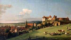 从Sonnenstein城堡看Pirna》，1750年代。   作者 贝尔纳多·贝洛托（Canaletto）