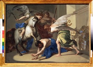 "将赫利俄多罗斯逐出圣殿 赫利俄多罗斯（Heliodoros）被逐出圣殿，因为他奉君主之命试图夺取耶路撒冷圣殿的宝藏。贝尔纳多-卡瓦利诺的画作