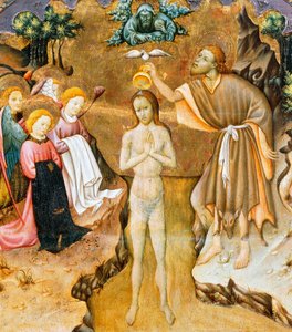 基督的洗礼，维克大教堂祭坛画的前部细节，由Bernat Martorell（约1400-1452年）创作，画在木头上。加泰罗尼亚的哥特式艺术。