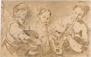 三位音乐家演奏号角和烟斗 作者 贝尔纳多·斯特罗兹（Bernardo Strozzi）