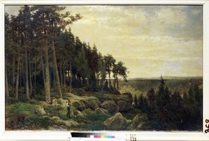 "森林风景中的樵夫和猎人" Berndt Lindholm（1841-1914 年）的画作，乌克兰塞瓦斯托波尔 Mikhail Kroshitsky 艺术博物馆