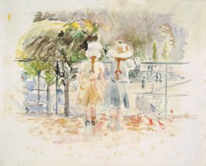 巴黎杜乐丽花园湖边栏杆旁的两个小女孩 作者 贝特·莫里索（Berthe Morisot）