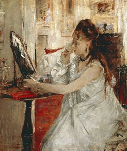 给脸上抹粉的年轻女子（布面油画 作者 贝特·莫里索（Berthe Morisot）