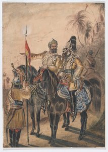 两名骑兵军官和一名下马的骑兵，第四孟加拉非正规骑兵队，约 1850 年（水彩画） 作者 白求恩唐纳德·格兰特