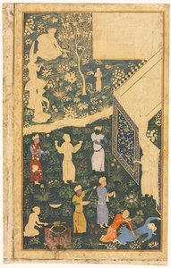 皇家营地外部的音乐家和仆人直肠，c。 1485。 作者 比哈扎德