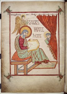 Cotton Nero D. IV, f.25v St. Matthew, writing, with his symbol, from Lindisfarne Gospels, 710-721 (vellum) 作者 林迪斯法恩·埃德弗里斯主教