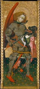 天使长圣米迦勒击退魔鬼--布拉斯科-德-格拉宁(Blasco de Granen?-1459)的画作，木板上的钢笔画（183.7x82 厘米），约 1440 年--天使长圣米迦勒，布拉斯科-德-格拉宁的木板上的钢笔画，约 1440 年--巴塞罗那加泰罗尼亚国家艺术博物馆。