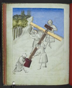 Add24189，f.11v，基督十字架的组装，由四种不同类型的木材制成，以不同的颜色描绘，选自 "约翰-曼德维尔爵士游记画册"，约 1410 年（牛皮纸） 作者 波希米亚派