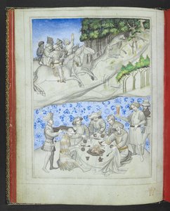 添加 24189，f.5v，《塞浦路斯的娱乐》，上部是用豹子猎鹿，下部是盛宴，选自《约翰-曼德维尔爵士游记画册》，约 1410 年（牛皮纸）。