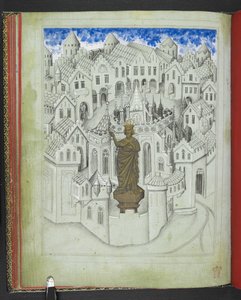 Add24189，f.9v，君士坦丁堡城，圣索菲亚大教堂前矗立着一座巨大的查士丁尼皇帝雕像，选自 "约翰-曼德维尔爵士游记画册"，约 1410 年（牛皮纸）