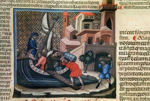 载于船舶上的货物，出自“ Justinian Institutes Fees and other”手稿，c.1300 作者 博洛涅塞学校