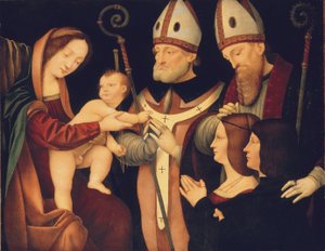 圣母子与圣人 Romanus 和 Ptolomaeus 以及两位捐赠者（油画板） 作者 Boltraffio伪