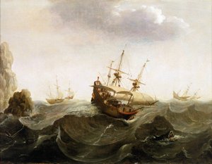 一艘前往东印度群岛的荷兰商船让两艘鲱鱼渔船通过。油画，17 世纪中叶，作者 Bonaventura Peeters（1614-1652 年）。 作者 Bonaventura Peeters