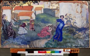 Ete（夏季）。妇女在房屋前的花园中奔跑嬉戏。Boris Dmitryevich Grigoriev（1886-1939 年）的作品，纸上水彩和水粉画 作者 鲍里斯·德米特里耶维奇·格里戈里耶夫