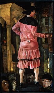 Rue des blondes（金发女郎街）。法国巴黎街道上的一名妓女，周围站满了形迹可疑的男人，一名男子躲在一栋建筑的柱子后面看着她。Boris Dmitryevich Grigoriev (