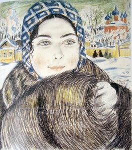 戴格子围巾的年轻商人妻子 par Kustodiev, Boris Michaylovich (1878-1927) 作者 鲍里斯·米哈伊洛维奇·库斯托季耶夫
